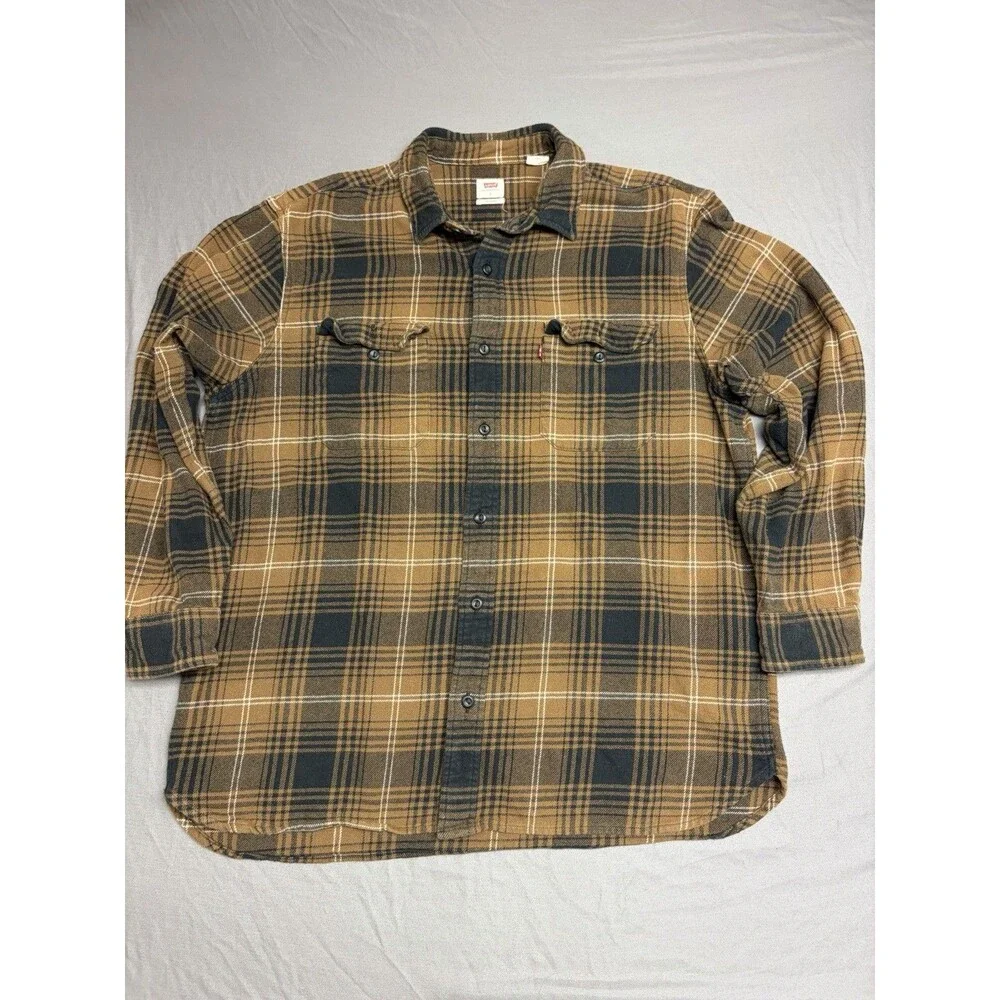 Levi's Men's Size L Brown/Black Plaid Flannel Cotton Relaxed Button-Up Shirt